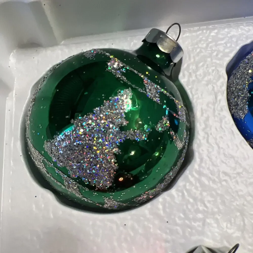 Vintage Pyramid Set of 4 Glass Ball Glitter Trees Ornaments Red Green Blue Gold